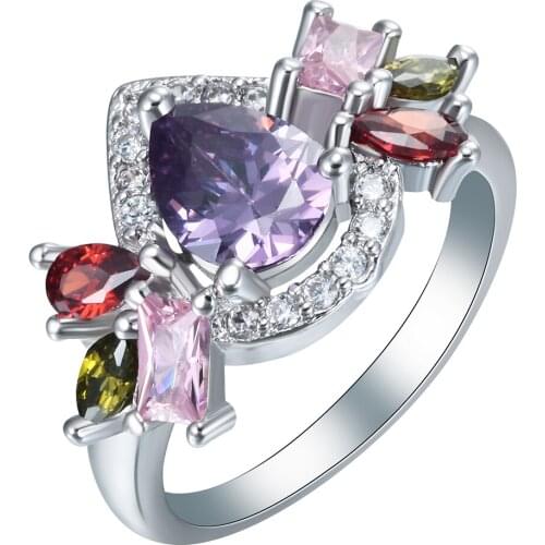 Silver Plated rings us 6 7 8 9 10 vintage purple pink green red colorful cz Jewelry Wedding gift promise rings for women