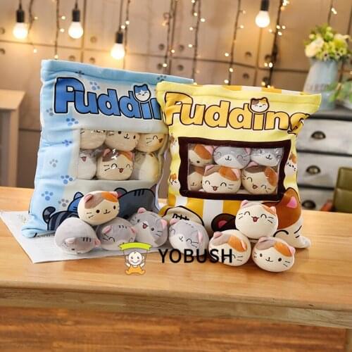 Pudding Cats Bag Blue Yellow Plush Mini Animals Dolls 8 Pieces Snack Bag Food Plushie Kids Xmas Gift 40*38cm