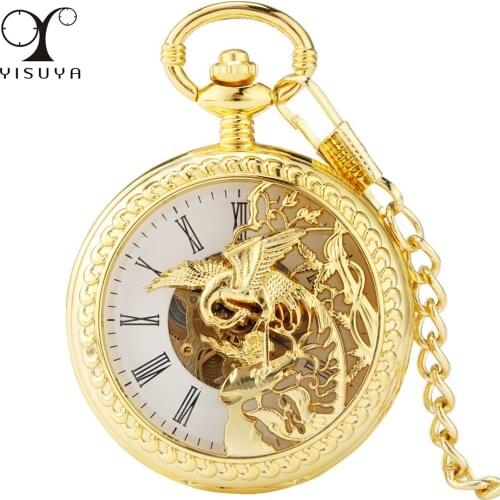 Luxury Gold/Bronze Hollow Phoenix Half Hunter Mechanical Hand-Winding Pocket Watch Roman Numerals Display Pendant Antique Clock
