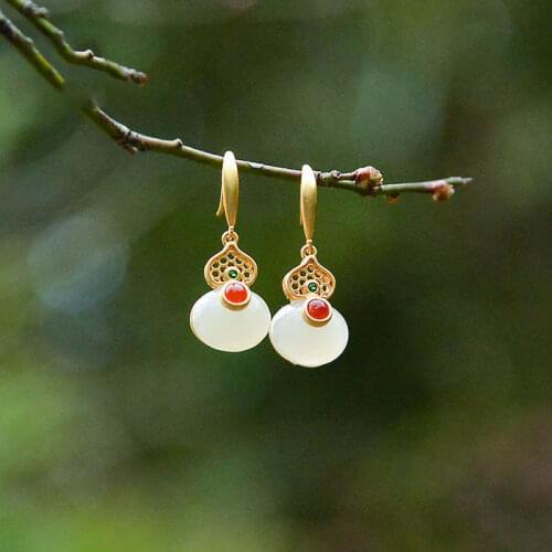 S925 Sterling Silver Ruyi Earrings Retro Classic Earrings Natural Hetian Jade White Jade Gourd Chinese Style Earrings Jewelry Wo