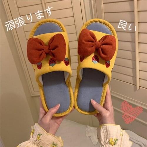 Womens Shoes Cotton and Linen Slides for Ladies Japanese House Slippers Butterfly Knot Contrast Color Bow Antiskid Flat Slipper