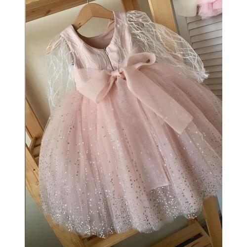 Pink Long Sleeve Girls Dresses Knee Length Flower Girl Dress Kids Clothes Children Birthday Gown Photography Size 12M 24M