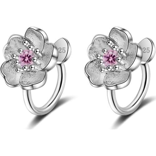 Cherry Blossom Ear Clip Micro Inlaid Pink Zircon Flower Peach Blossom Stud Earrings Without Pierced Earrings
