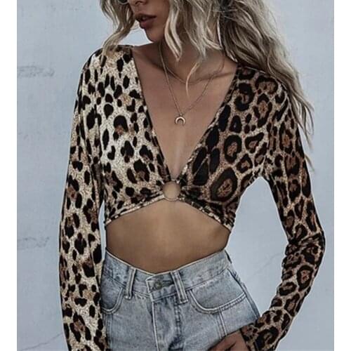 Y2k Tops E-girl Sexy T-Shirt V Neck Long Sleeve Leopard Gothic Crop Tops Vintage Backless Bandage Cropped T-Shirts for Womens