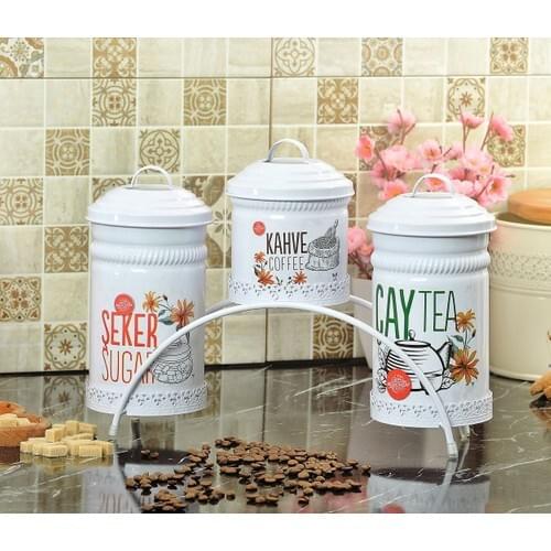 Yildiray Metal Wrought Iron Standing 3'lü Tea Sugar Coffee Storage Container White