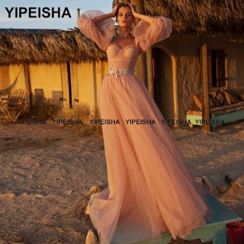 Yipeisha Blush Prom Dresses Puff Sleeves A-line Soft Tulle Evening Gown Floor Length Party Dress with Belt Rob e de Soiree