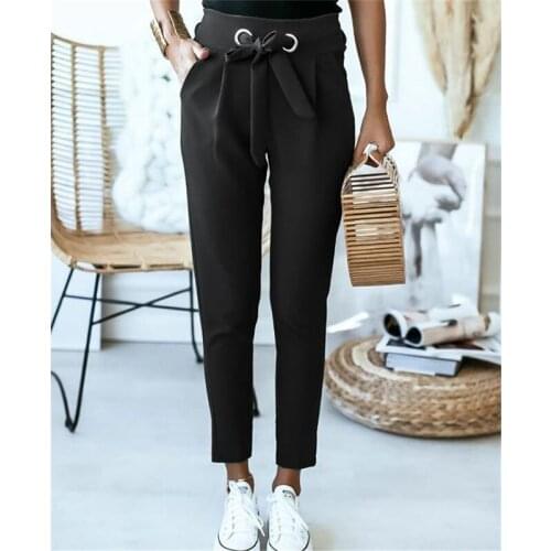 England Style Women Summer Solid Color Pencil Pants Bandage Design Pockets Decor High Waist Slim Hips Trousers for Streetwear