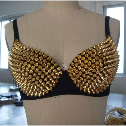 Sexy Bras Women Party 2021 New All-over Spike Rivet Metallic Punk Dance Push Up Bra Nightclub Costumes Bras Bralette Encaje Gold