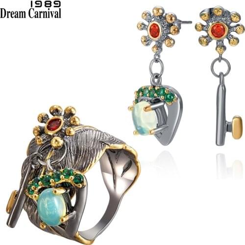 DreamCarnival1989 New Original Feminine Earrings-Ring Set for Women Hanging Charm Key to Open Her Heart Dangle Jewelry ER4029+31