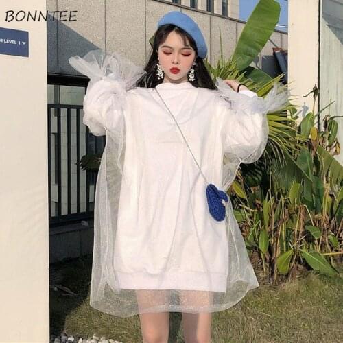 Hoodies Women Spliced Mesh Long Sleeve Sweet Girls O-neck Loose Students Leisure Chic Korean Style Streetwear Sweatshirts New