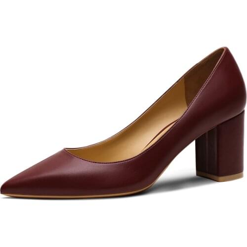 2021 New Thick Heel Ladies Pumps Genuine Leather Pointed Toe Comfortable Square High Heels Party Handmade Shoes Women M0114