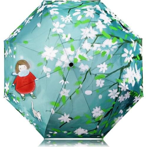National Style Begonia Flowers Pattern Women Rain Sun Umbrella 3 Folding 8 Rib Sunshade Wind Resistant Frame Lady Umbrellas