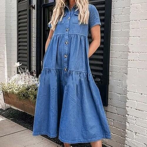 Summer Dress Women 2021 Sundresses Elegant Vintage Ladies Beach Blue Loose Plus Size Denim Short Sleeve Shirt Dress robe jurk