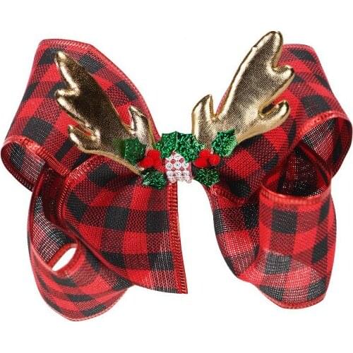 2021 red black plaid 8Inch christmas Antlers bowknot Hair Clips plaid yarn Kids Headwear For Women Hairpin Hairpins