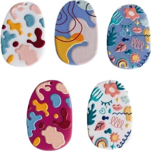 Free Shipping 30pcs 40*26mm Folorful Floral Geometry Oval Round Resin Jewelry Charms DIY Ornament Accessories Necklace Pendants