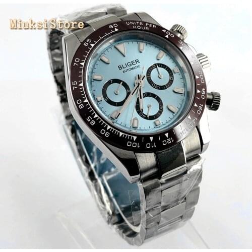 Bliger 39mm mens top mechanical sport watch sapphire glass silver case blue dial ceramic bezel automatic watches