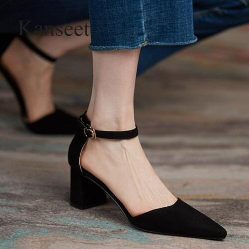 Kanseet Genuine Leather 2021 New Summer Female Shoes Party Dress Pointed Toe Shoes Buckle Strap Thick High Heels Women Sandals