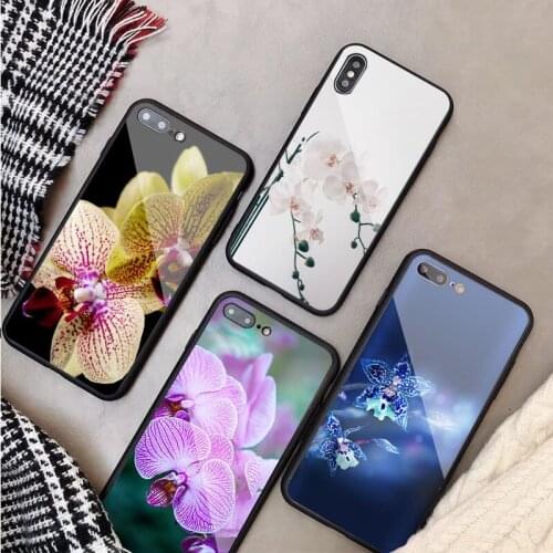 Orchid Flowers Tempered Glass Phone Case For iphone 12 11 Pro Max 5 6 7 8 X XS XR XSMax Shell 12Pro Max Cover Shell