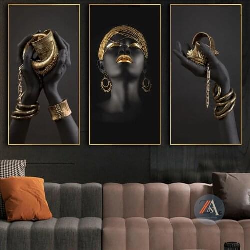 Black and gold hands and gold bracelets canvas oil painting African art poster painting living room decorative painting