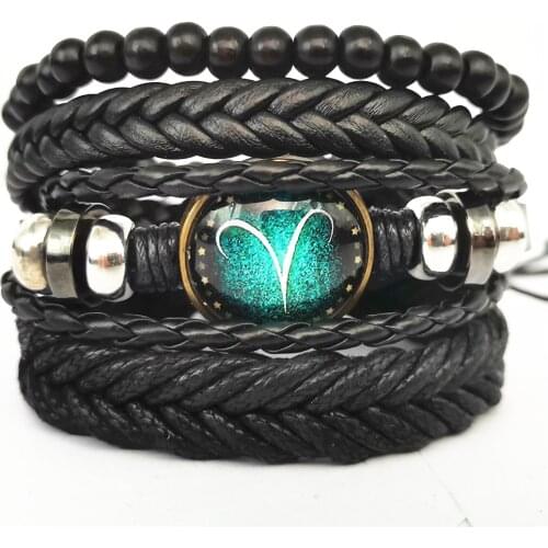 Black Braided Aries Taurus Cancer 12 Constellations Cuff Bangle Male Men Bracelets Fashion Jewelry Women Leather Bracelets