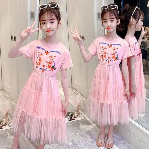 Kids Dresses for Girls Clothes Kids Costume Cartoon Print With Mesh 2021 Summer Teen Girl Children Princess Dress 10 12 13 14Yrs