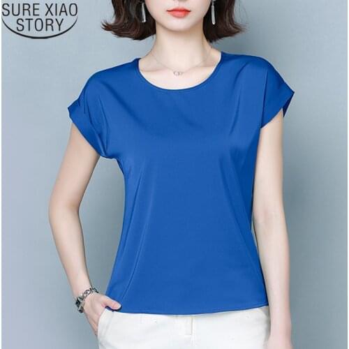 Elegant Women Loose Summer Women Blouse 2021 New Simple Solid Silk Shirts Round Collar Short Sleeve Womens Clothing 9227 50