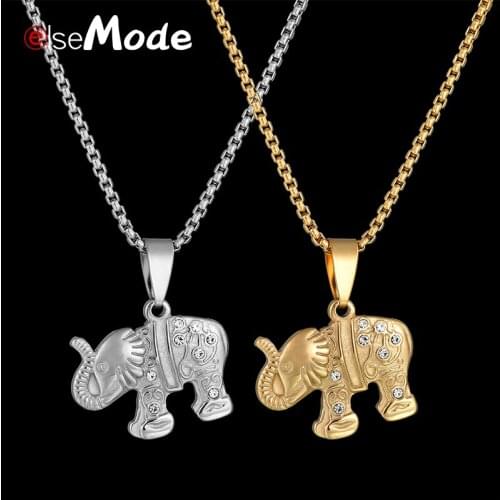ELSEMODE Cute Cubic Zirconia Elephant Pendant Necklaces Stainless Steel Steel Gold Color Necklace Animal Lucky Jewelry