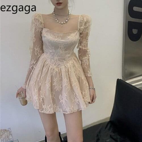 Ezgaga French Style Sexy Lace Mesh See-through Patchwork Mini Dress Spring Summer New Long Sleeve Floral Dresses Clubwear