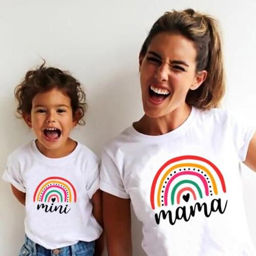 Rainbow Mama & Mini T-shirts Family Matching Outfits Summer Mother Daughter T-shirt Woman Girls Clothes Cute Family Look T shirt
