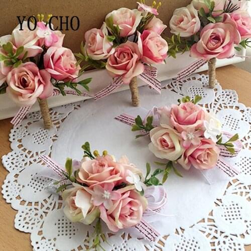 YO CHO Artificial Flower Corsages 4 Head Rose Boutonniere Bride Wrist Corsage Wedding Bracelet Groom Boutonniere Wedding Flower