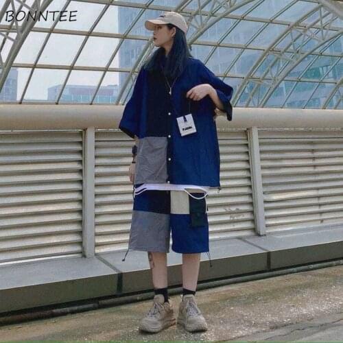 Sets Women Patchwork Shirts Knee-length Pants Fashion Hip Hop Loose Unisex Summer Couple Soft Trendy Streetwear Pockets Ladies
