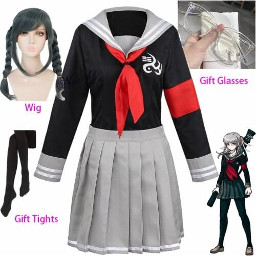 Anime Danganronpa Peko Pekoyama Cosplay Costume JK Schlool Uniform Sailor Suit Top Skirt Wig Glasses
