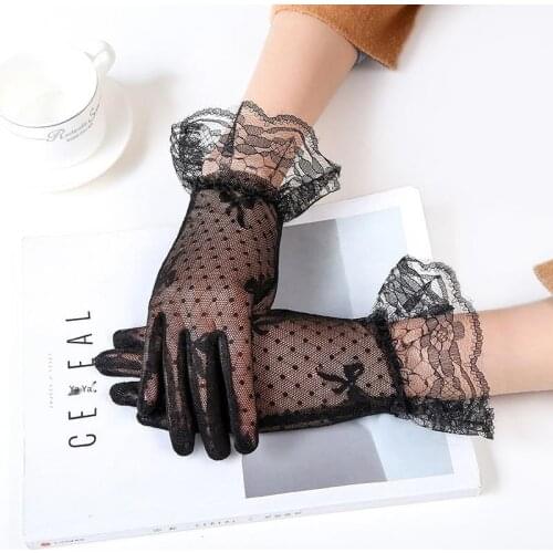 Lace Gloves Spring and Summer New Ladies Sunscreen Gloves Bowknot Black Mesh Lace Etiquette Finger-Pointing Ladies Gloves