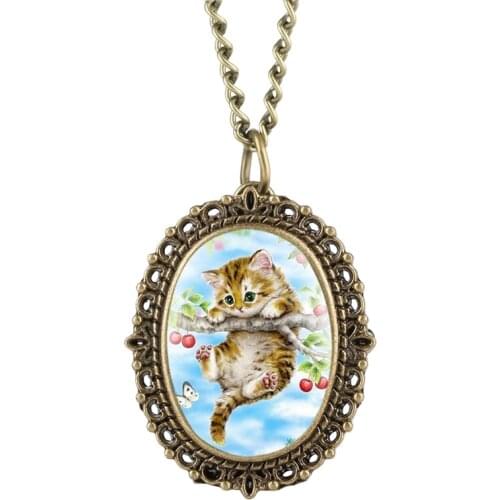 Little Cute Kitty Pendant Quartz Pocket Watch Pet Cat Necklace Jewelry Pendants Choker Chain Collar Gifts for Kid Girls Children