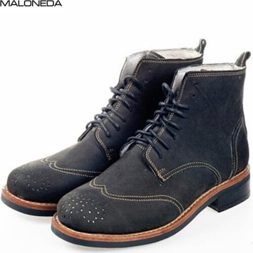 MALONEDE High Quality Handmade Goodyear Suede Mens Lace up Brogue Short Boots Genuine Leather Sole