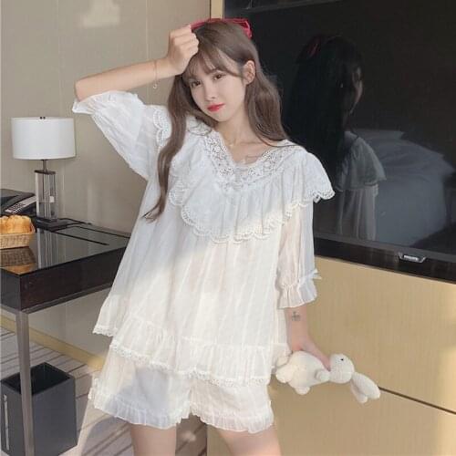 Sweet Girls Thin Court Style Stitching Lace Short-Sleeved Pajamas Casual Pyjama Bottoms White Pajamas Suit lolita dress