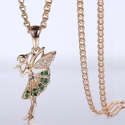 New Cute Angel Girl Pendant Paved White Green Crystal Pendant For Women Girls Shiny Cubic Zircon 585 Rose Gold Color Chain GP417