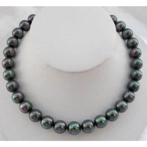 Stunning AAA++ 10-11mm freshwater round black green pearl necklace 18"925s