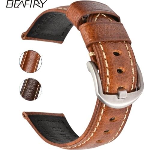 BEAFIRY Genuine Leather 20mm 22mm 24mm Watch Band Litchi Pattern Watch Straps Dark Brown Light Brown Watchbands for men women
