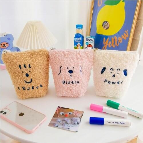 Cute Embroidery Plush Cosmetic Bag School Student Pencil Case Soft Storage Box Kawaii Large Capacity Pen Box Cartoon Coin Purse