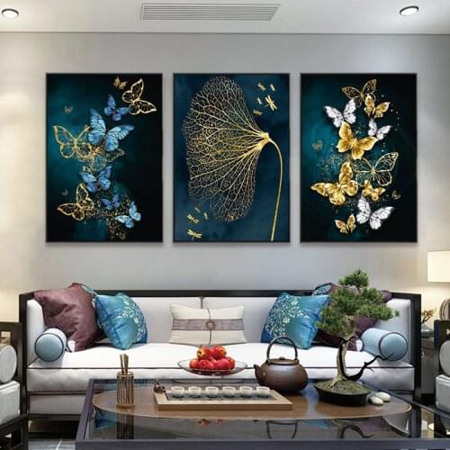 Modern Minimalist Print And Poster Blue Gold Butterfly Pictures Wall Art Canvas Painting Mural Decoration for Living Room Decor