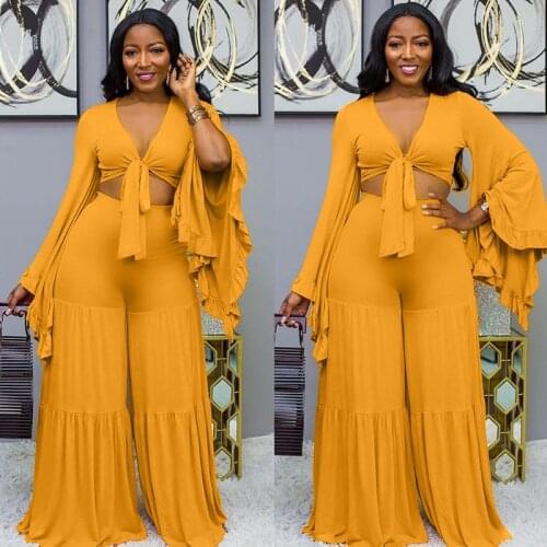 Loose 2 Piece Set Women Fall Sexy Club Outfits for Women Clubwear Party Flare Sleeve Crop Top Pants Sets Two Piece Matching Sets