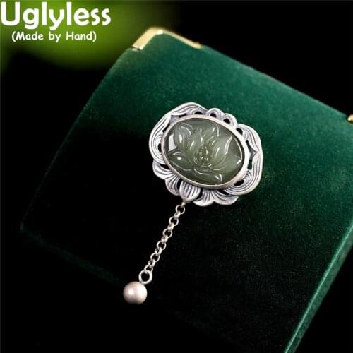 Uglyless Enamel Ethnic Lotus Earrings for Women Nature Jade Flower Earrings Agate Tassel Brincos 925 Silver Brincos Bijoux E1727