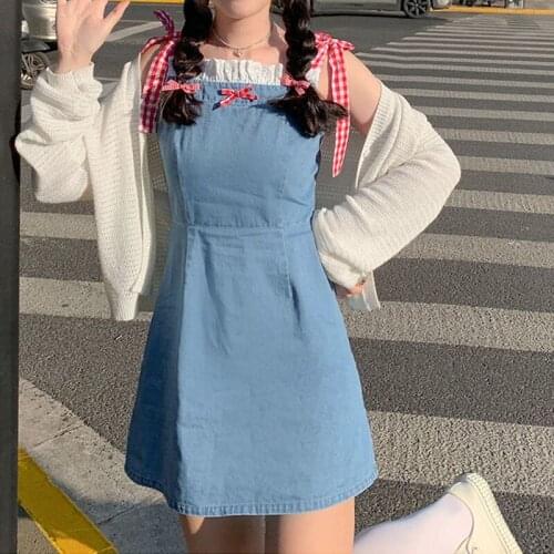 Japanese Sweet Cute Chic Blue Kawaii Mini Dress Summer Women Lace Halter Collar Vintage Picnic Outfit Y2k Sexy Lolita Dress New