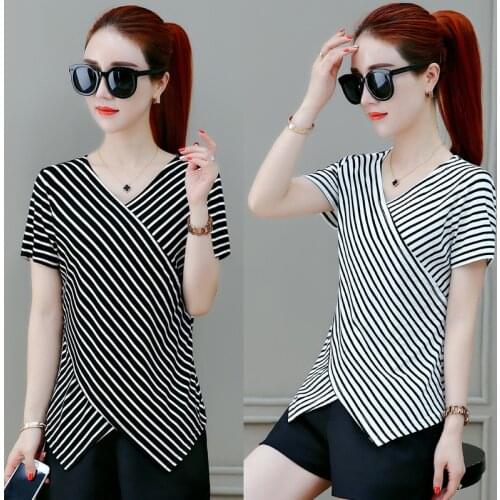 T Shirt Female Short Sleeve Stripped Summer Women Clothes 2019 Womens Clothing Casual T-Shirts cow silk Tee Plus Size