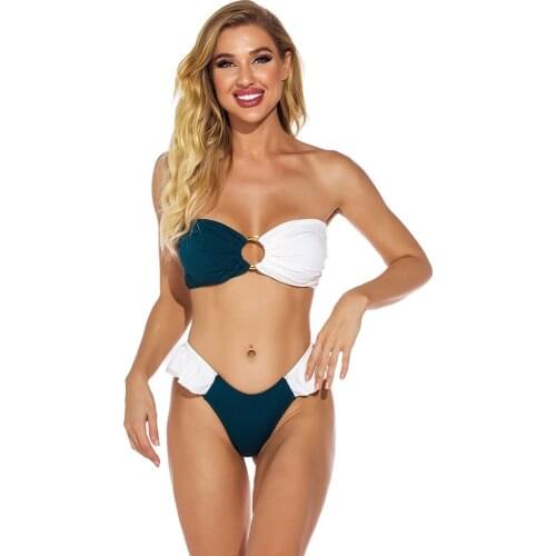 2021 Summer New Swimsuit Ladies Split Fashion Two-color Stitching High Waist Sexy Tube Top Beach Bikini Suit