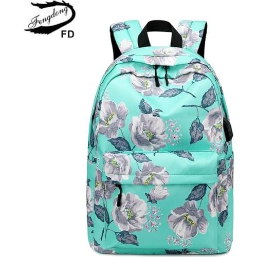 Fengdong kids floral backpack school bags for girls usb charge book bag childrens school backpack flowers schoolbag girl gift