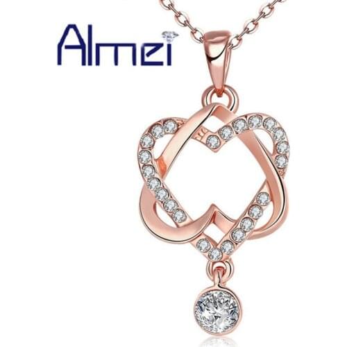 Almei Rose Gold Color Necklace Women Love Heart Statement Necklaces Gift Vintage Pendants Cubic Zirconia Kolye Jewelry N030