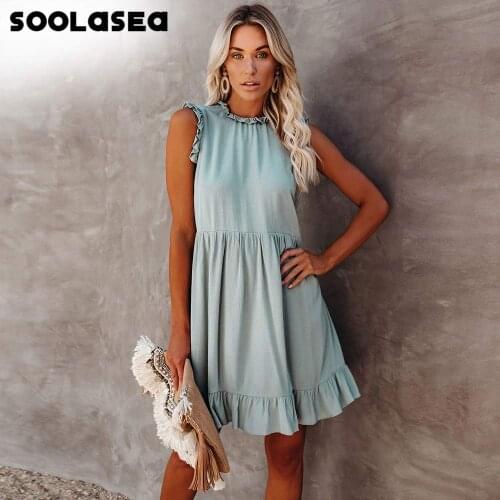 Soolasea New Casual Solid O-neck High Waist Dress Women Ruffled A-line Lady Dress Sleeveless Summer Women Mini Dress Vestidos