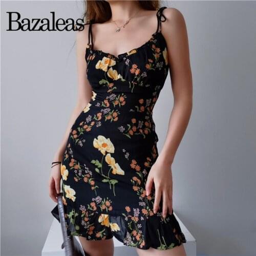 Bazaleas Vintage Yellow Floral Print Black Chiffon vestido Sexy Adjust spaghetti strap Summer Dress Fashion Ruffles women dress
